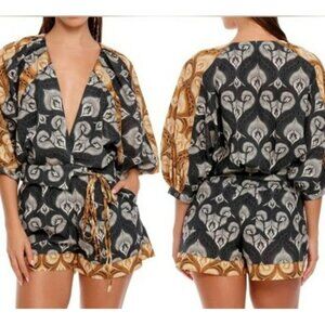 Agua Bendita Womens Boho Romper With Belt Peacock Feather Print Cotton Size M